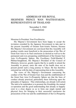 Address of His Royal Highness Prince Wan Waithayakon, Representative of Thailand