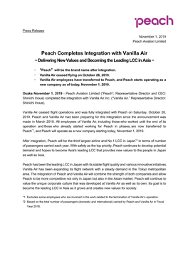 Peach Completes Integration with Vanilla Air ~ Delivering New Values and Becoming the Leading LCC in Asia ~
