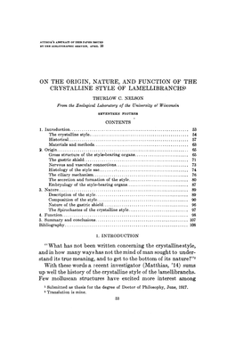 On the Origin, Nature, and Function of the Crystalline Style of Lamellibranchsi Thurlow C