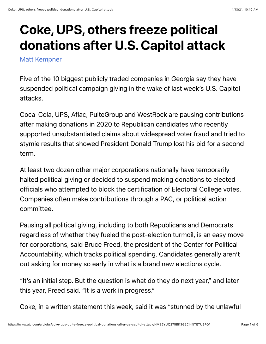 Coke, UPS, Others Freeze Political Donations After U.S. Capitol Attack 1/13/21, 10:10 AM Coke, UPS, Others Freeze Political Donations After U.S