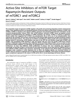 Active-Site Inhibitors of Mtor Target Rapamycin-Resistant Outputs of Mtorc1 and Mtorc2