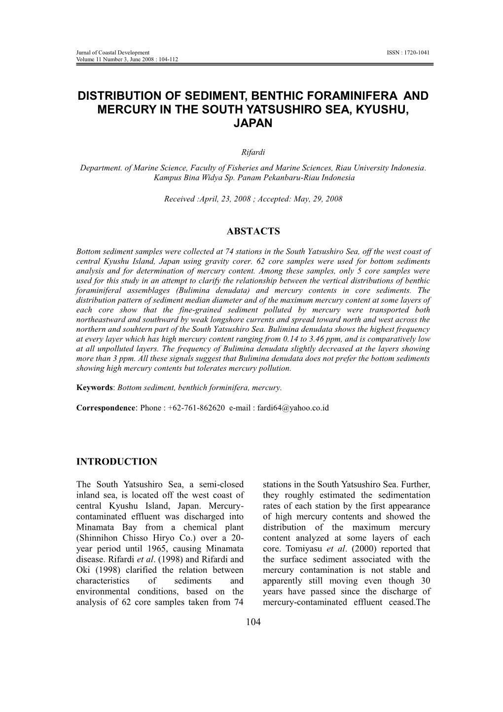 Distribution of Sediment, Benthic Foraminifera and Mercury in the South Yatsushiro Sea, Kyushu, Japan