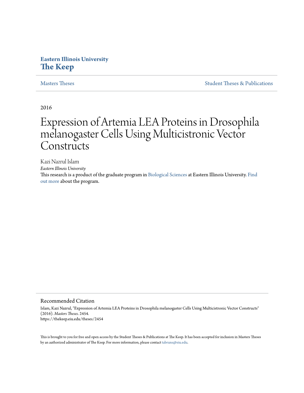 Expression of Artemia LEA Proteins in Drosophila Melanogaster Cells