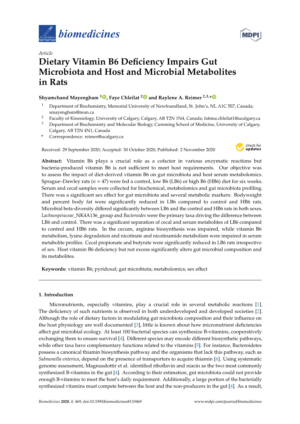 Dietary Vitamin B6 Deficiency Impairs Gut Microbiota and Host And