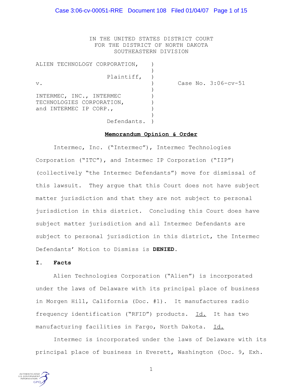 Case 3:06-Cv-00051-RRE Document 108 Filed 01/04/07 Page 1 of 15