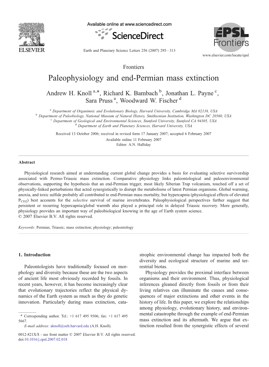 Paleophysiology and End-Permian Mass Extinction ⁎ Andrew H