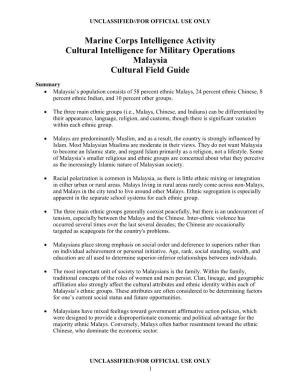 Marine Corps Intelligence Activity Cultural Intelligence for Military Operations Malaysia Cultural Field Guide