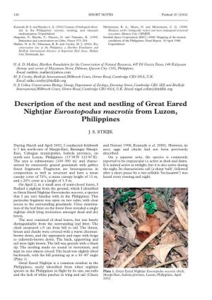 Description of the Nest and Nestling of Great Eared Nightjar Eurostopodus Macrotis from Luzon, Philippines