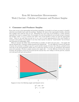 Econ 301 Intermediate Microeconomics Week 2 Lecture - Calculus of Consumer and Producer Surplus