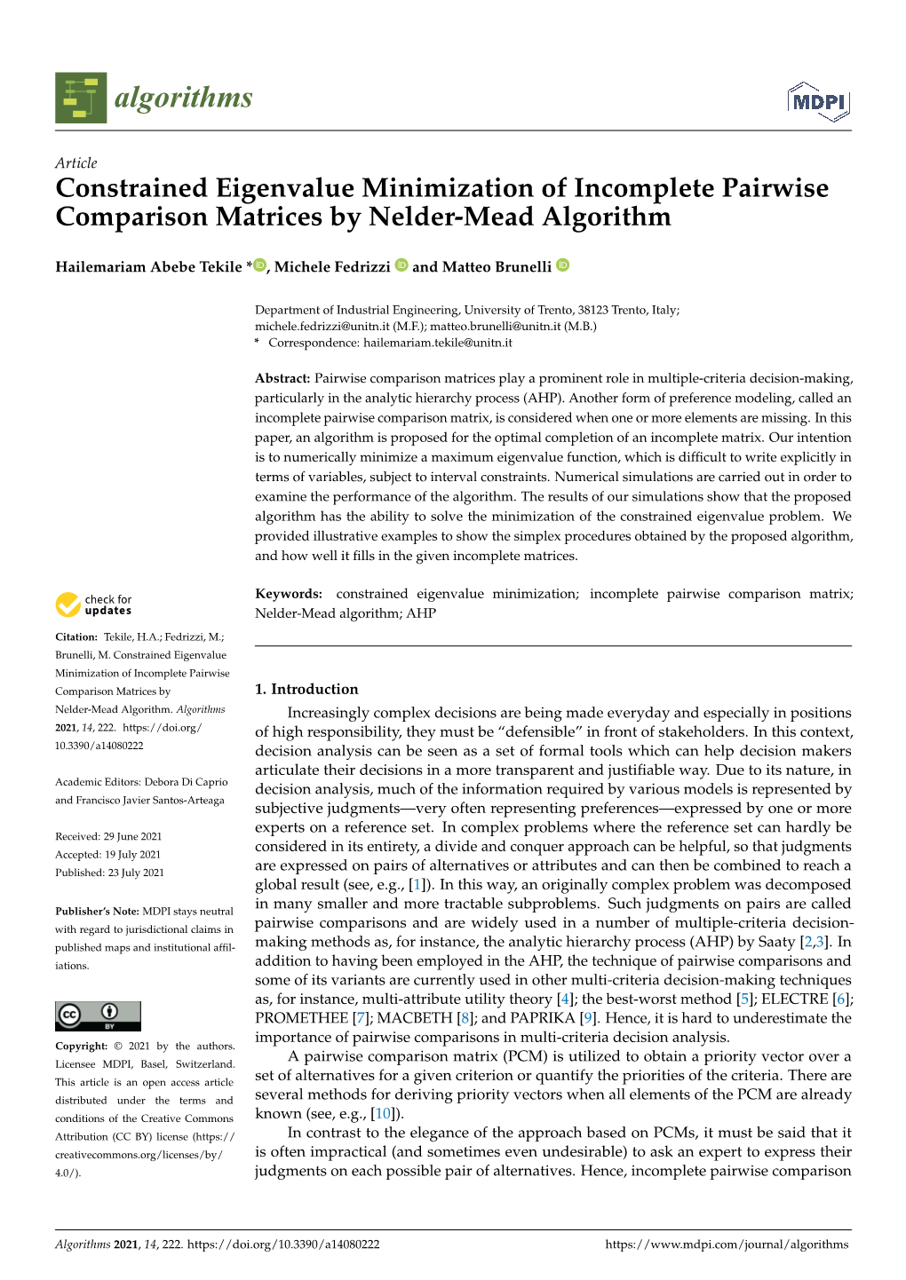 Constrained Eigenvalue Minimization of Incomplete Pairwise Comparison Matrices by Nelder-Mead Algorithm