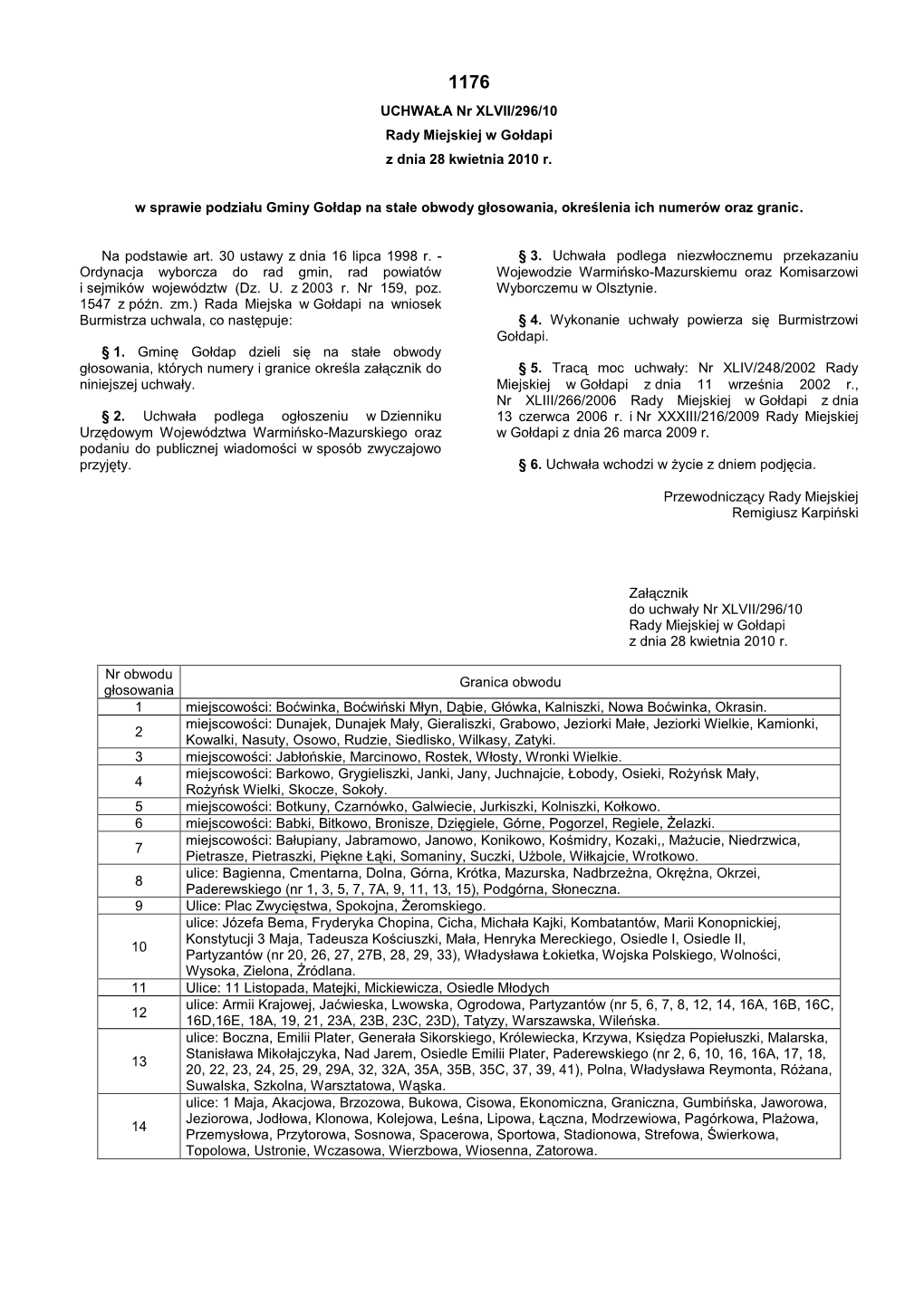 UCHWAŁA Nr XLVII/296/10 Rady Miejskiej W Gołdapi Z Dnia 28 Kwietnia 2010 R. W Sprawie Podziału Gminy Gołdap Na Stałe Obwody