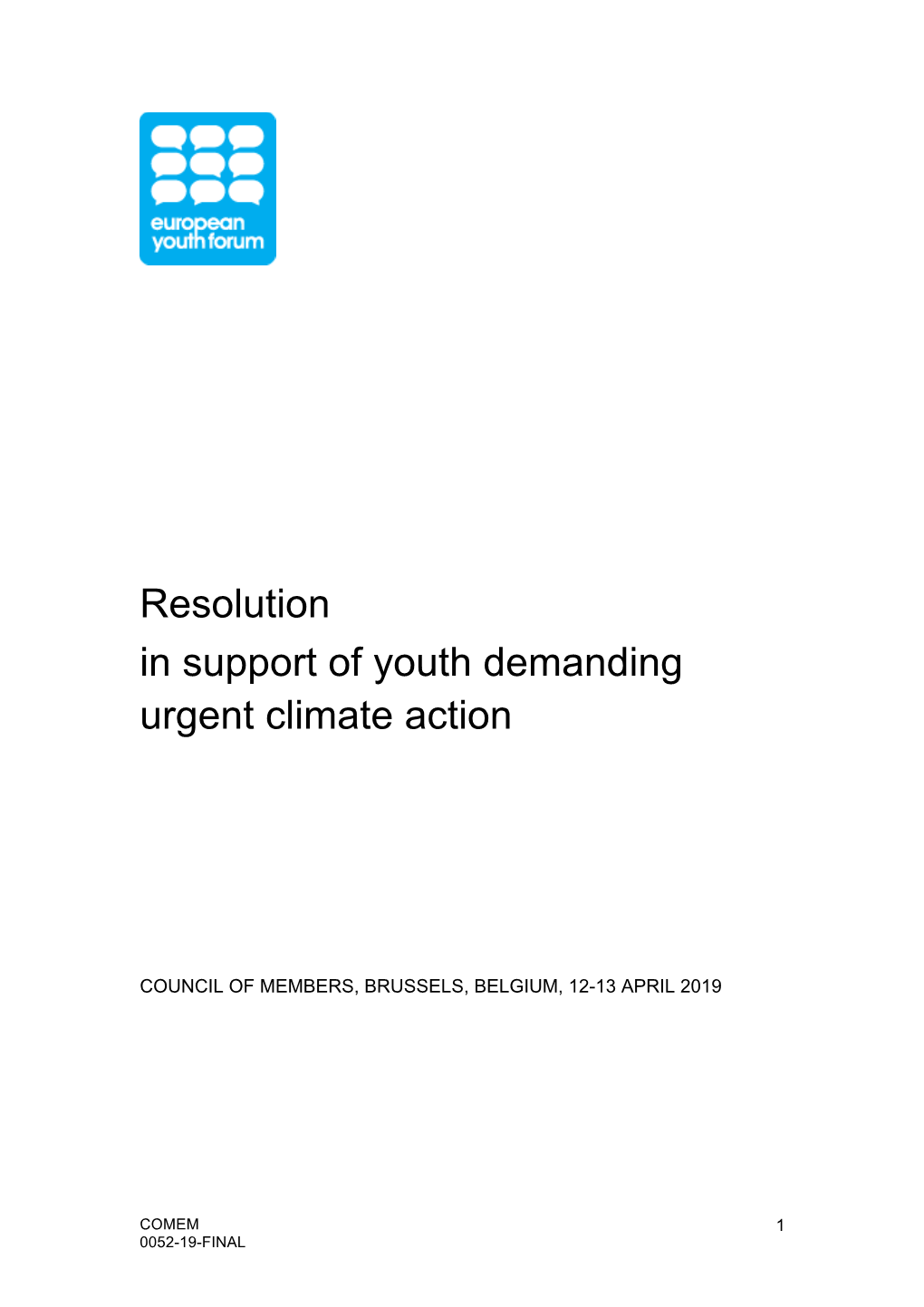 Resolution in Support of Youth Demanding Urgent Climate Action