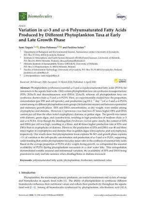 Variation in Ω-3 and Ω-6 Polyunsaturated Fatty Acids Produced by Diﬀerent Phytoplankton Taxa at Early and Late Growth Phase