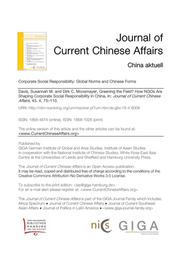 Greening the Field? How Ngos Are Shaping Corporate Social Responsibility in China, In: Journal of Current Chinese Affairs, 43, 4, 75–110