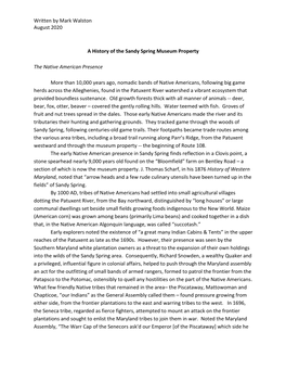Written by Mark Walston August 2020 a History of the Sandy Spring