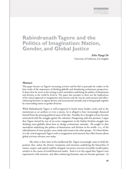 Rabindranath Tagore and the Politics of Imagination: Nation, Gender, and Global Justice Esha Niyogi De University of California, Los Angeles