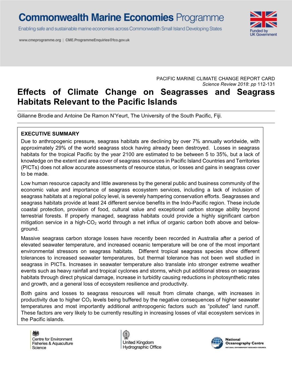 Effects of Climate Change on Seagrasses and Seagrass Habitats Relevant to the Pacific Islands