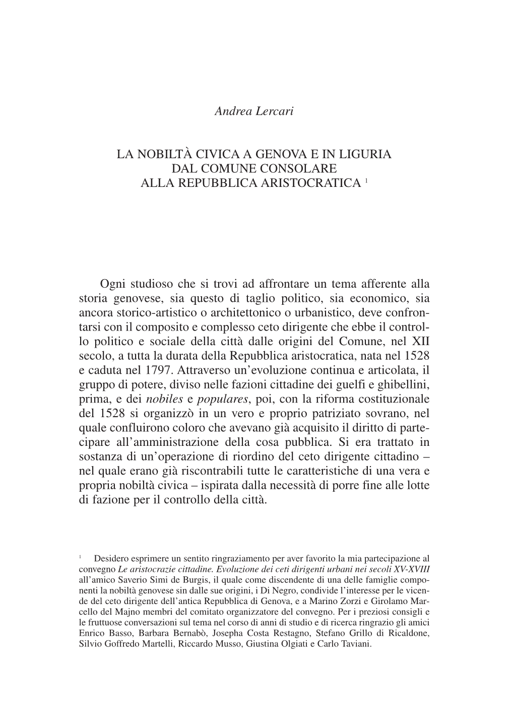 Andrea Lercari LA NOBILTÀ CIVICA a GENOVA E in LIGURIA DAL