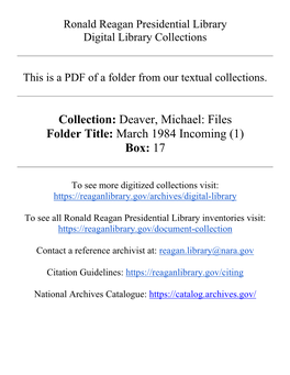 Deaver, Michael: Files Folder Title: March 1984 Incoming (1) Box: 17