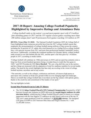 2017-18 Report: Amazing College Football Popularity Highlighted by Impressive Ratings and Attendance Data