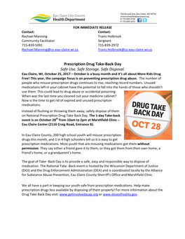 Prescription Drug Take-Back Day Safe Use. Safe Storage. Safe Disposal