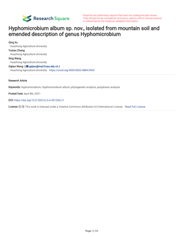 Hyphomicrobium Album Sp. Nov., Isolated from Mountain Soil and Emended Description of Genus Hyphomicrobium