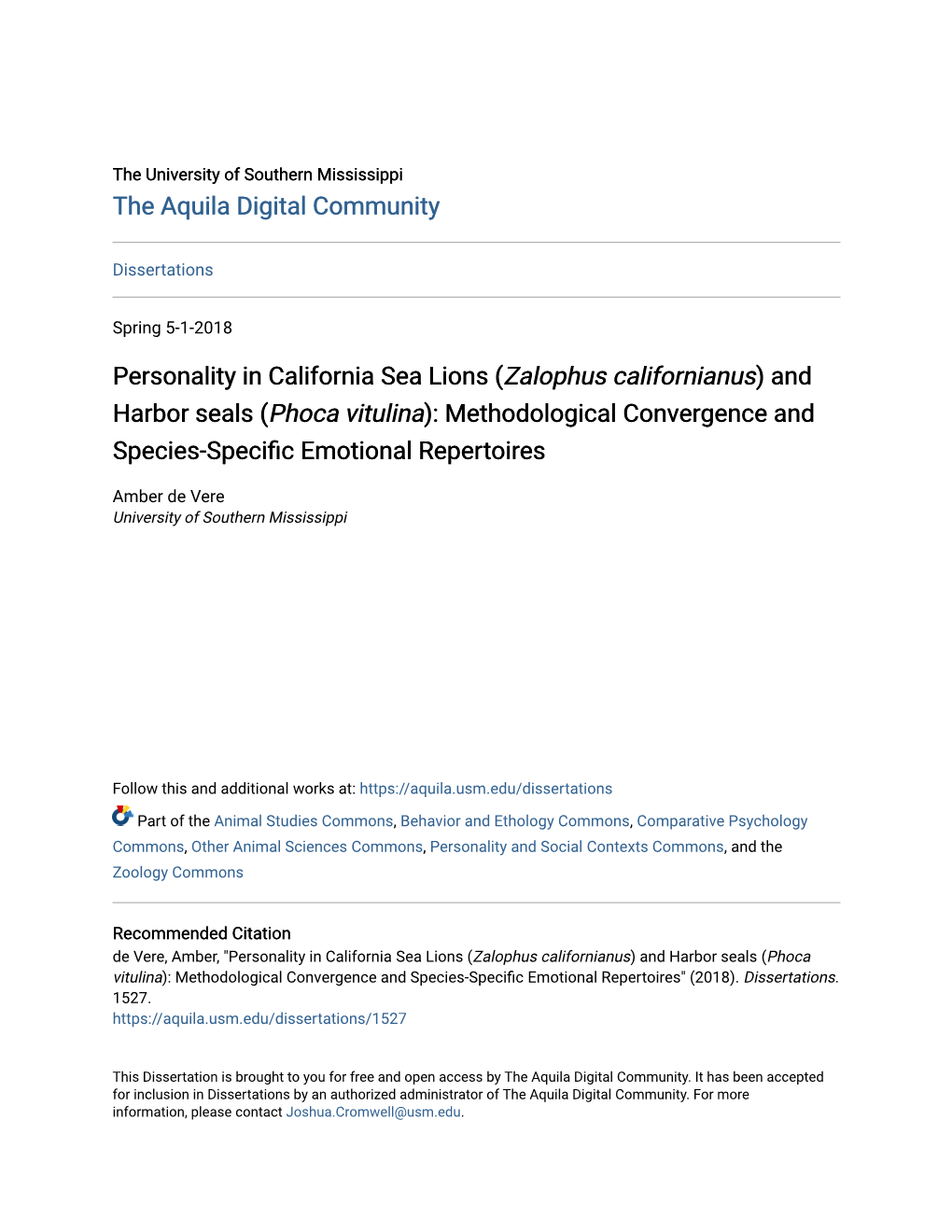 Personality in California Sea Lions (<I>Zalophus Californianus</I>) And