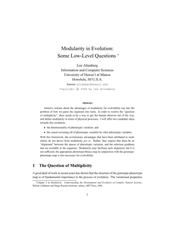 Modularity in Evolution: Some Low-Level Questions ∗