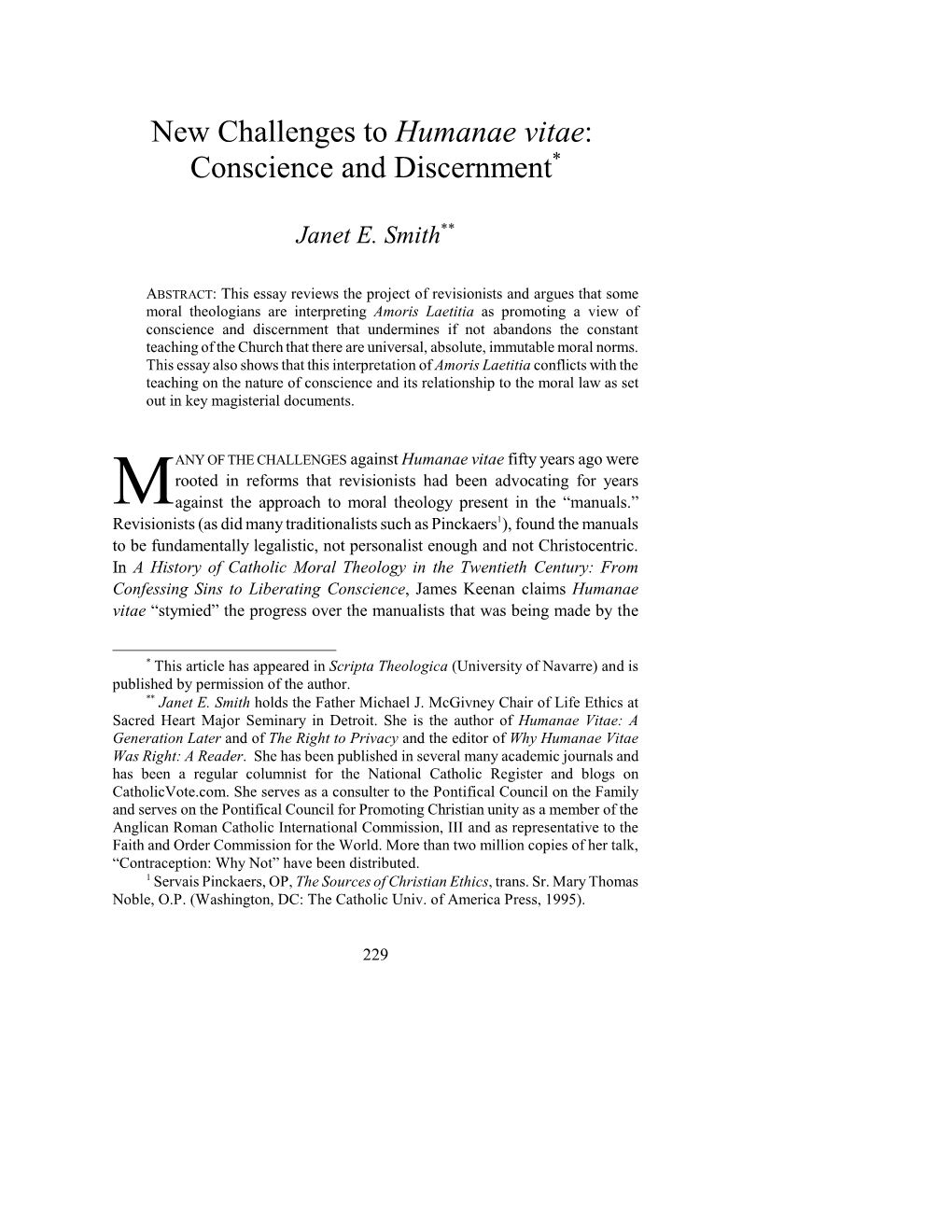 New Challenges to Humanae Vitae: Conscience and Discernment*