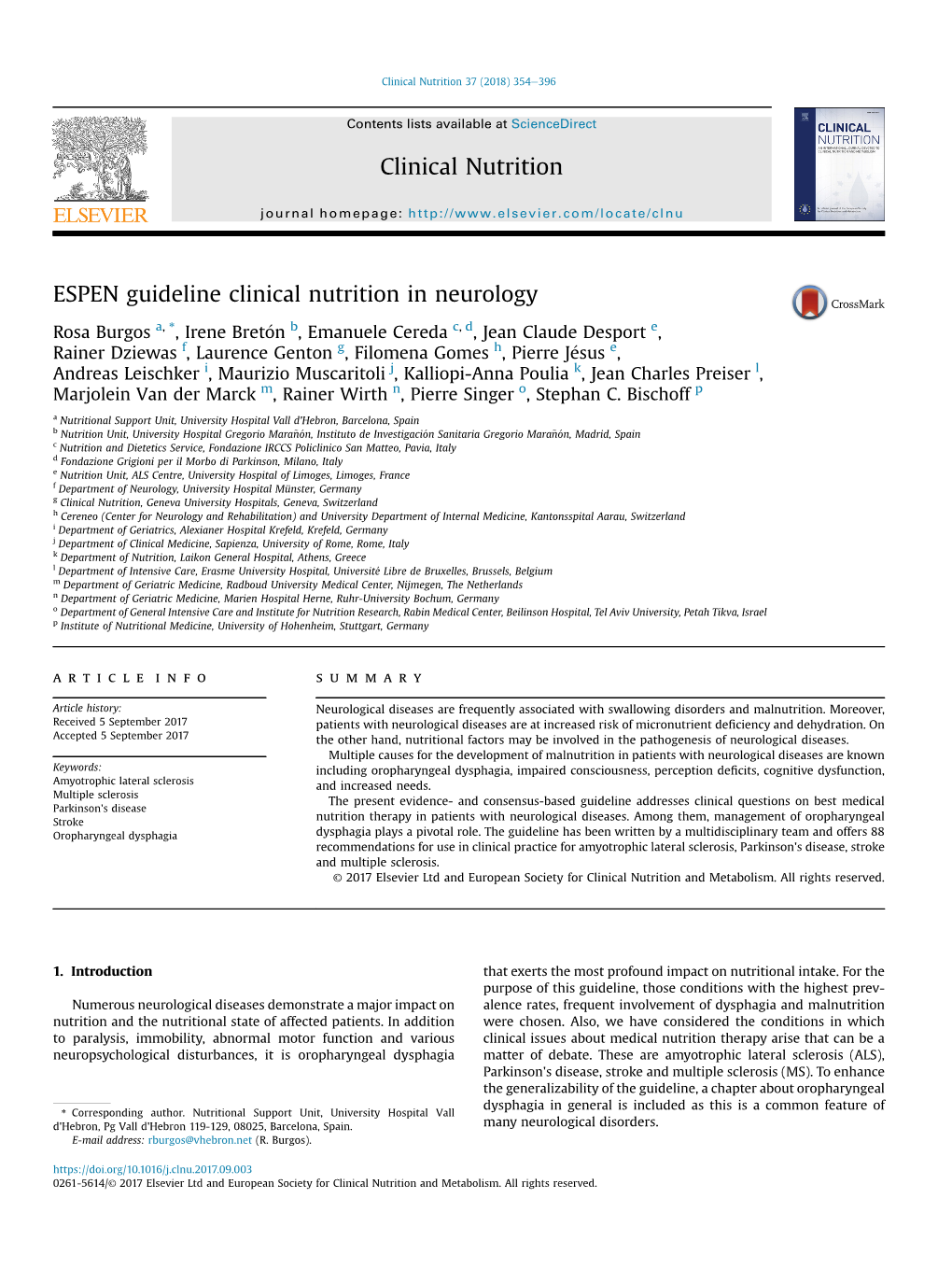 ESPEN Guideline Clinical Nutrition in Neurology