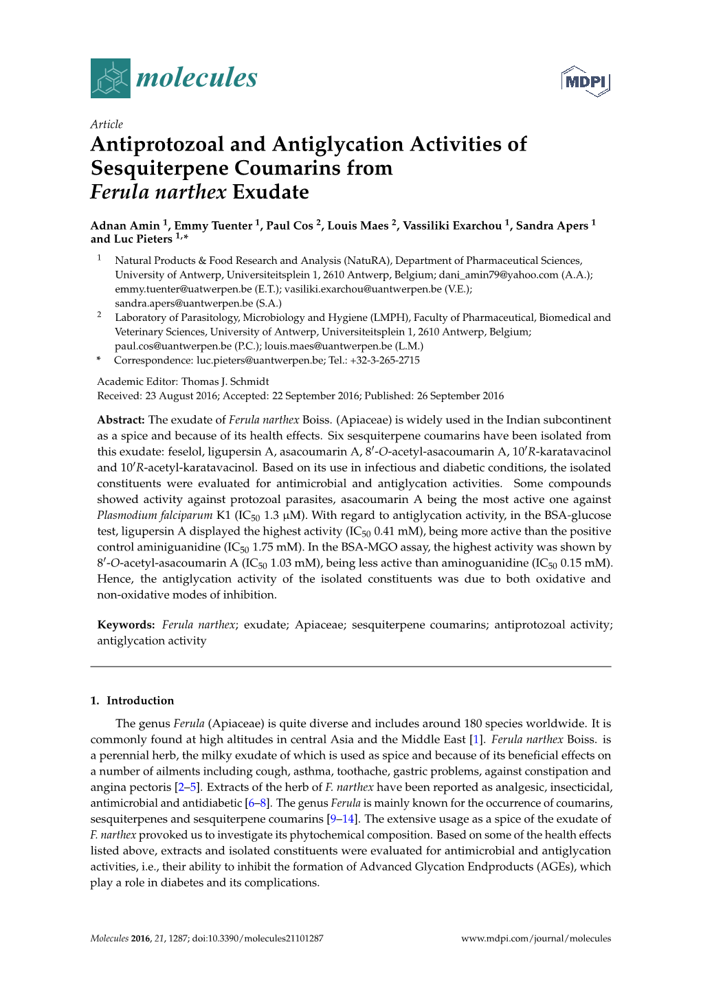 Antiprotozoal and Antiglycation Activities of Sesquiterpene Coumarins from Ferula Narthex Exudate