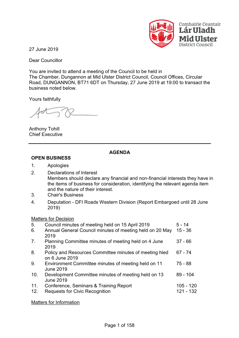 Page 1 of 158 13 Correspondence 133 - 150 14 Consultations Notified to Mid Ulster District Council 151 - 158