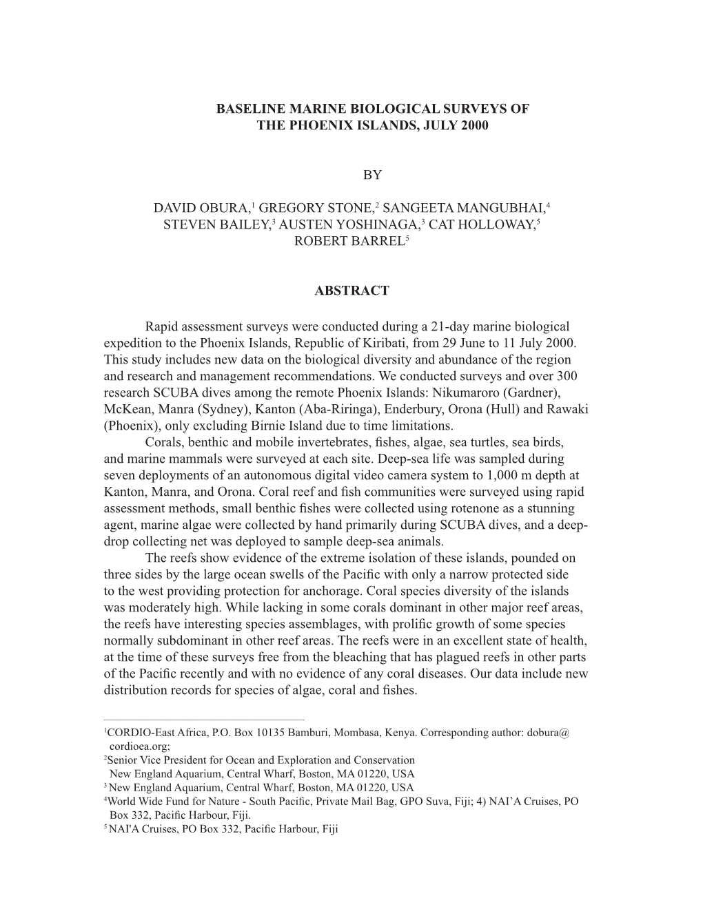 Baseline Marine Biological Surveys of the Phoenix Islands, July 2000