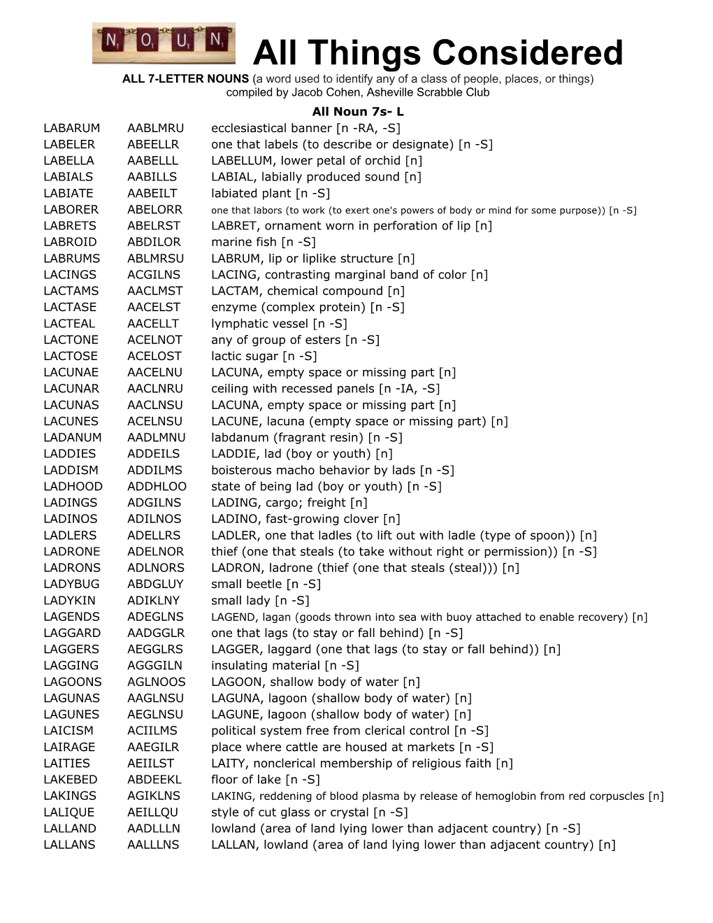 All Things Considered ALL 7-LETTER NOUNS (A Word Used to Identify Any of a Class of People, Places, Or Things) Compiled by Jacob Cohen, Asheville Scrabble Club