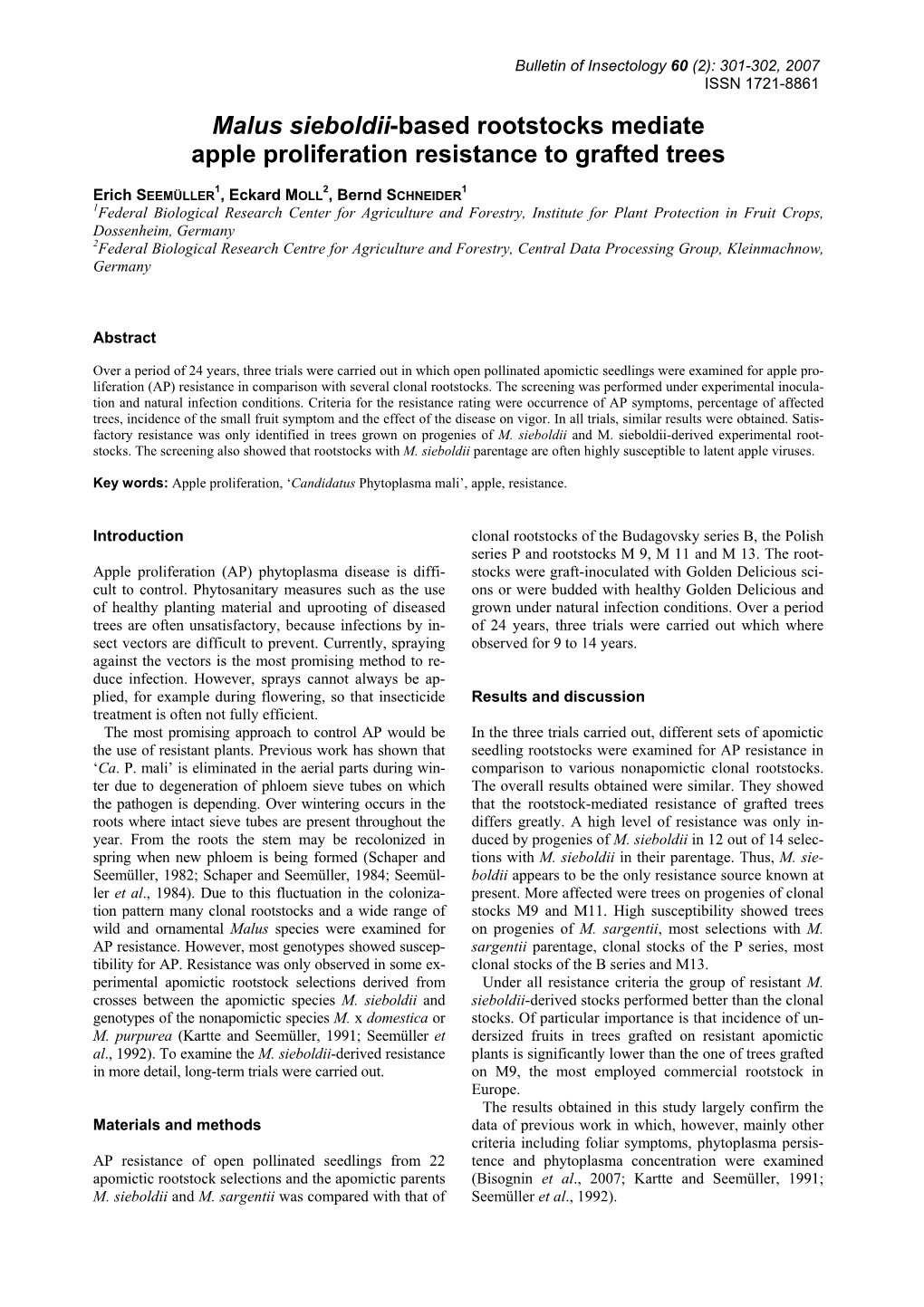 Malus Sieboldii-Based Rootstocks Mediate Apple Proliferation Resistance to Grafted Trees