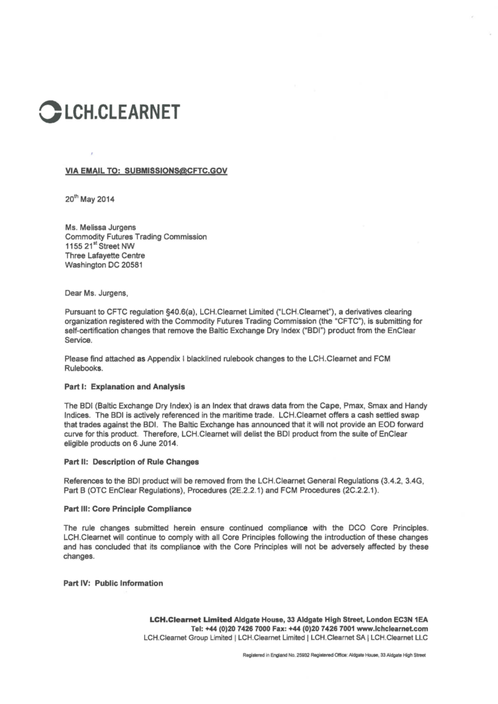 LCH.Clearnet Limited Rule Submission, May 20, 2014