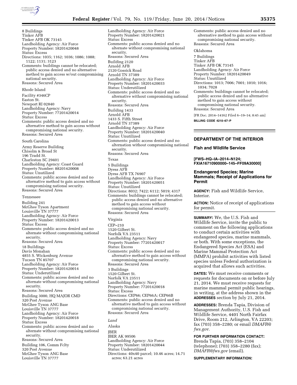 Federal Register/Vol. 79, No. 119/Friday, June 20, 2014/Notices