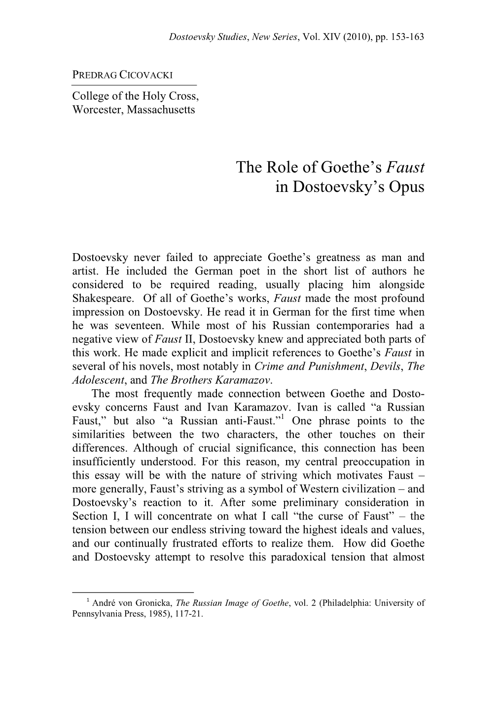 The Role of Goethe's Faust in Dostoevsky's Opus