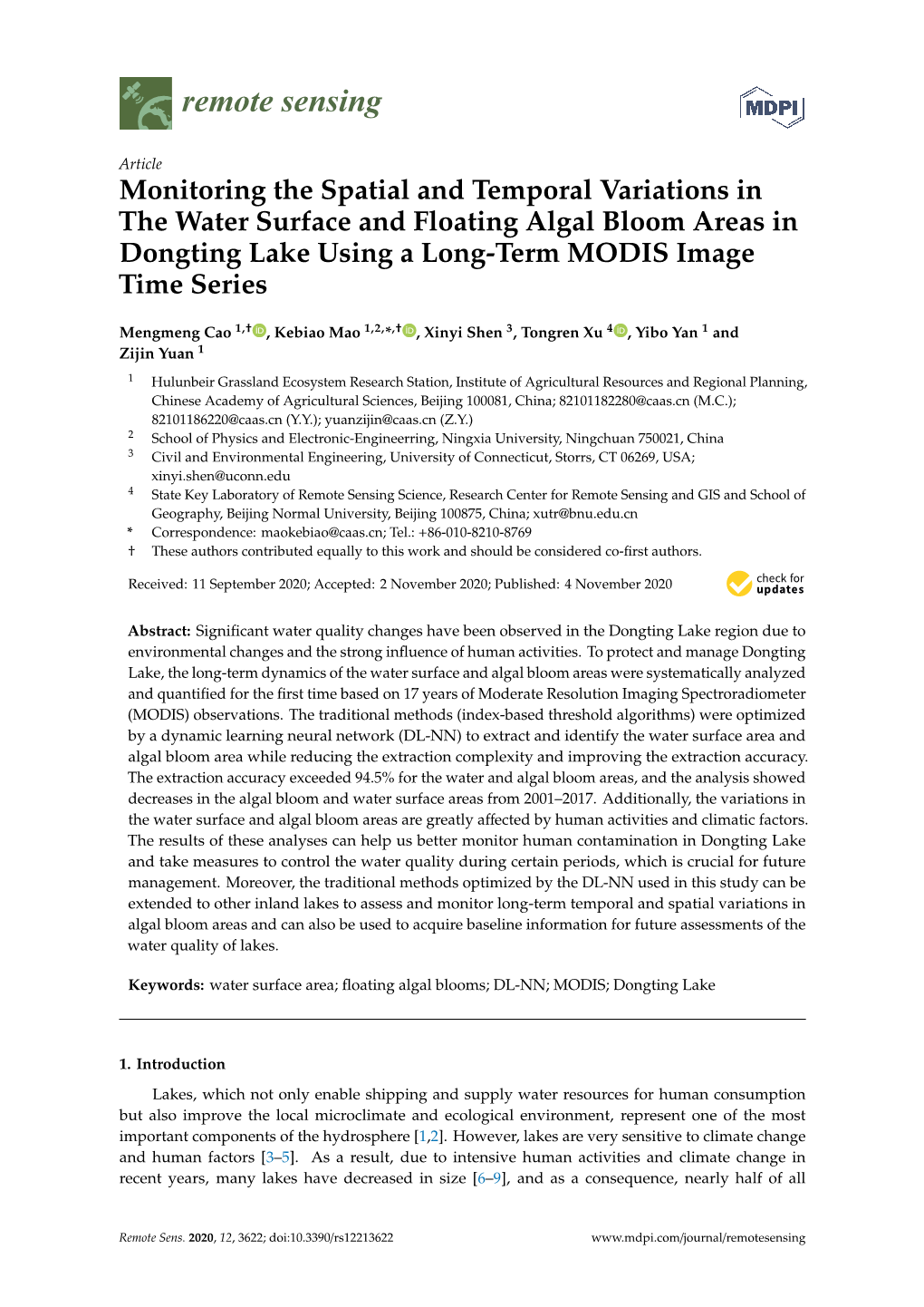 Monitoring the Spatial and Temporal Variations in the Water Surface and Floating Algal Bloom Areas in Dongting Lake Using a Long-Term MODIS Image Time Series