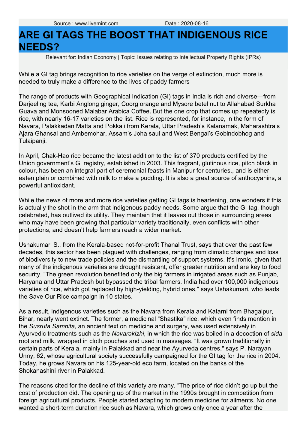 ARE GI TAGS the BOOST THAT INDIGENOUS RICE NEEDS? Relevant For: Indian Economy | Topic: Issues Relating to Intellectual Property Rights (Iprs)