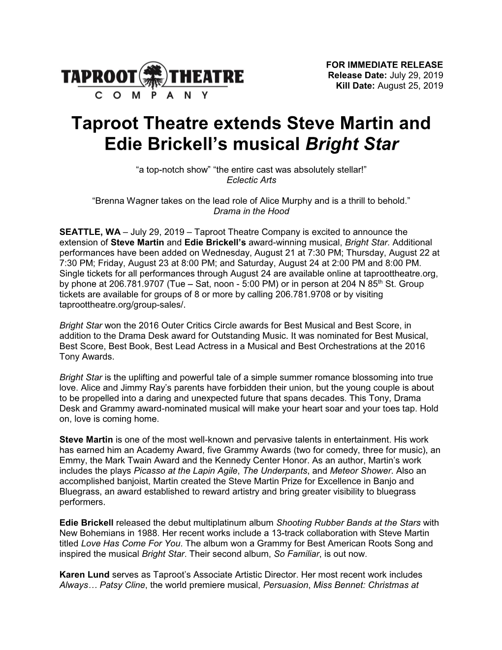 Taproot Theatre Extends Steve Martin and Edie Brickell's Musical Bright Star