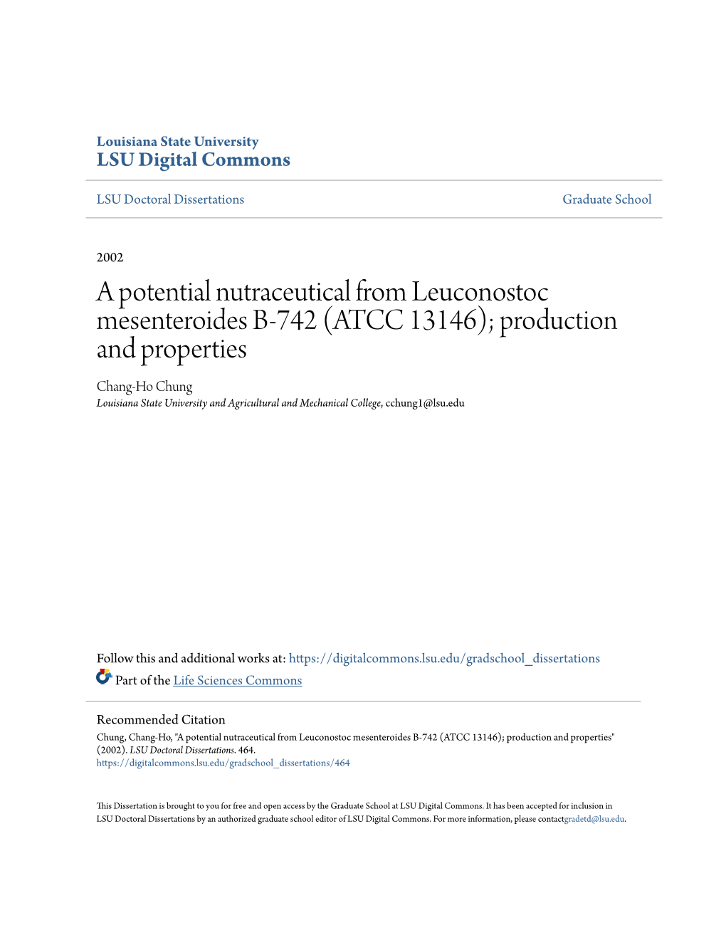 A Potential Nutraceutical from Leuconostoc Mesenteroides B-742