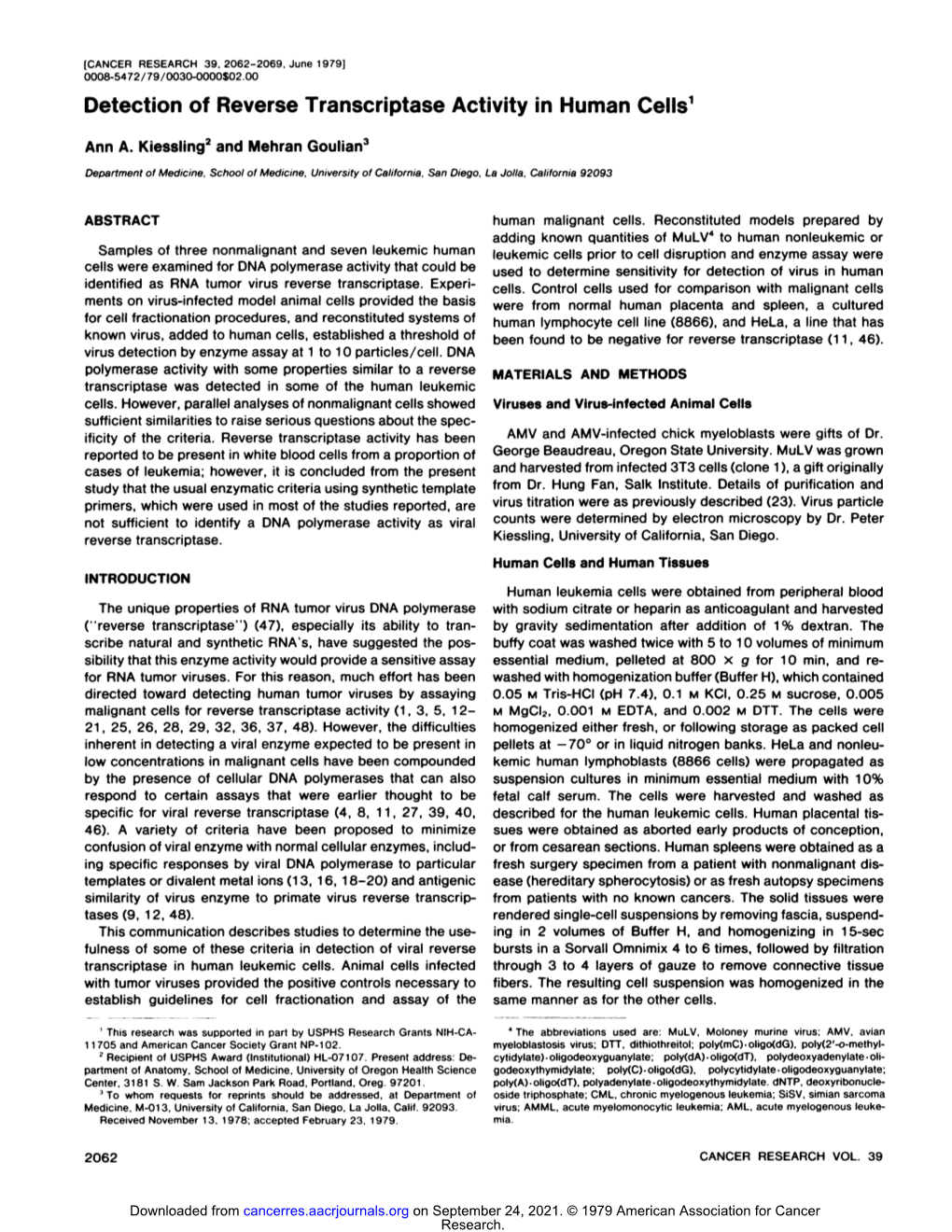 Detection of Reverse Transcriptase Activity in Human Cells1