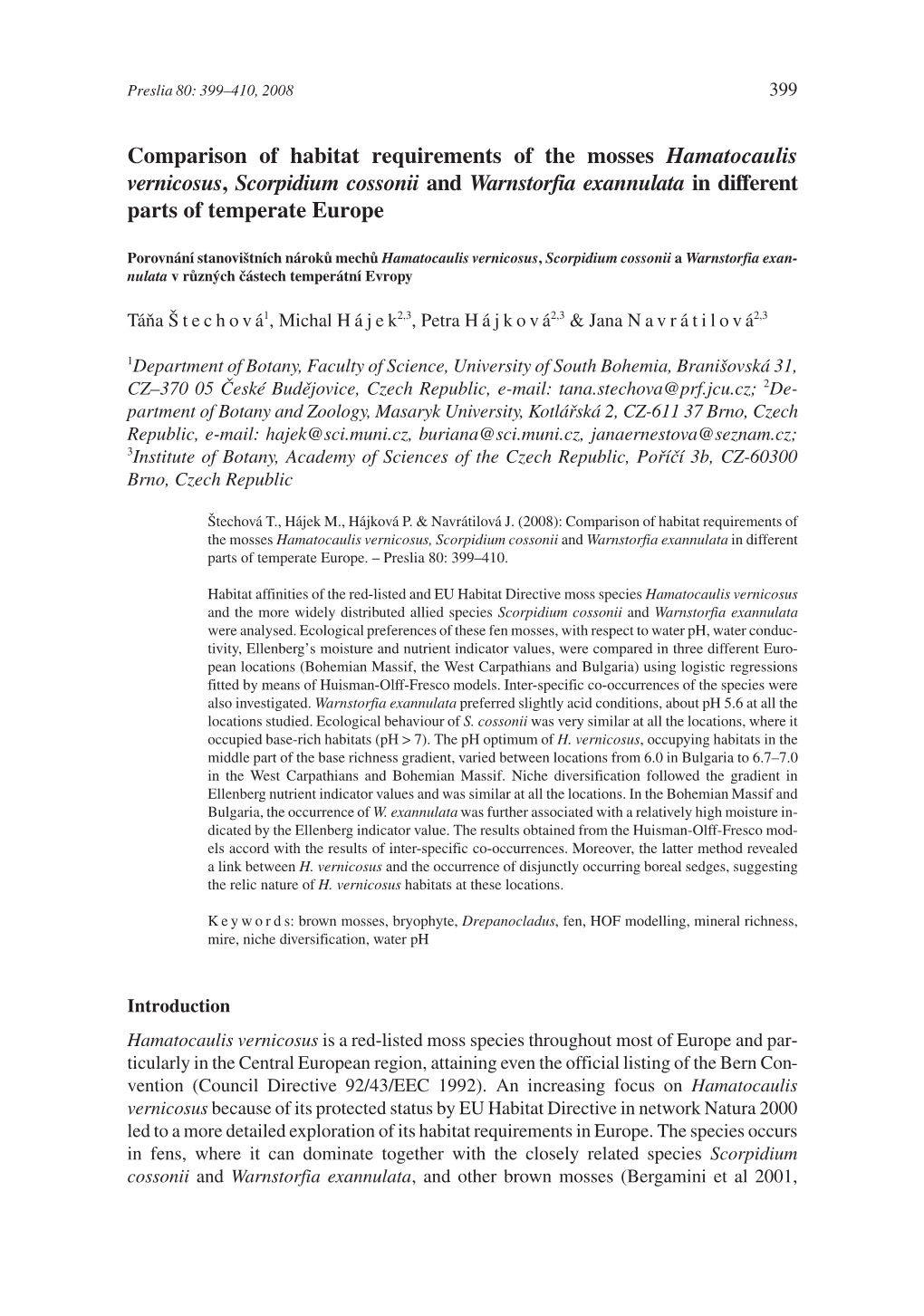 Comparison of Habitat Requirements of the Mosses Hamatocaulis Vernicosus, Scorpidium Cossonii and Warnstorfia Exannulata in Different Parts of Temperate Europe