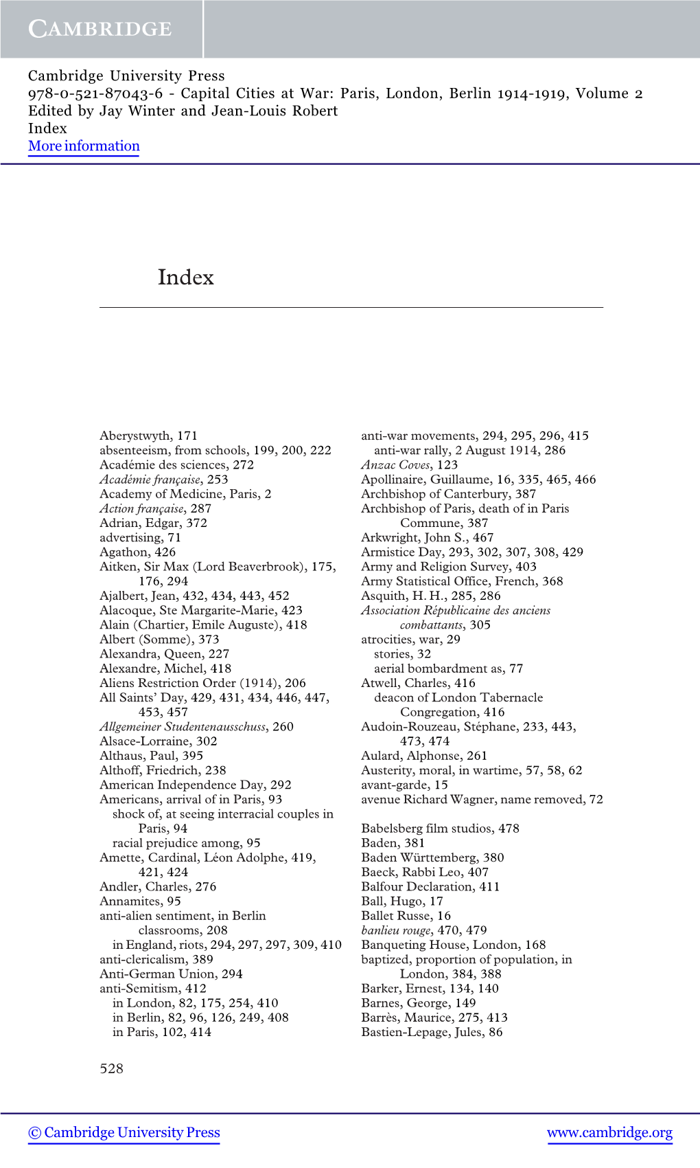 Capital Cities at War: Paris, London, Berlin 1914-1919, Volume 2 Edited by Jay Winter and Jean-Louis Robert Index More Information