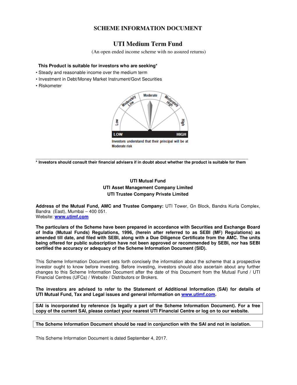 UTI Medium Term Fund (An Open Ended Income Scheme with No Assured Returns)