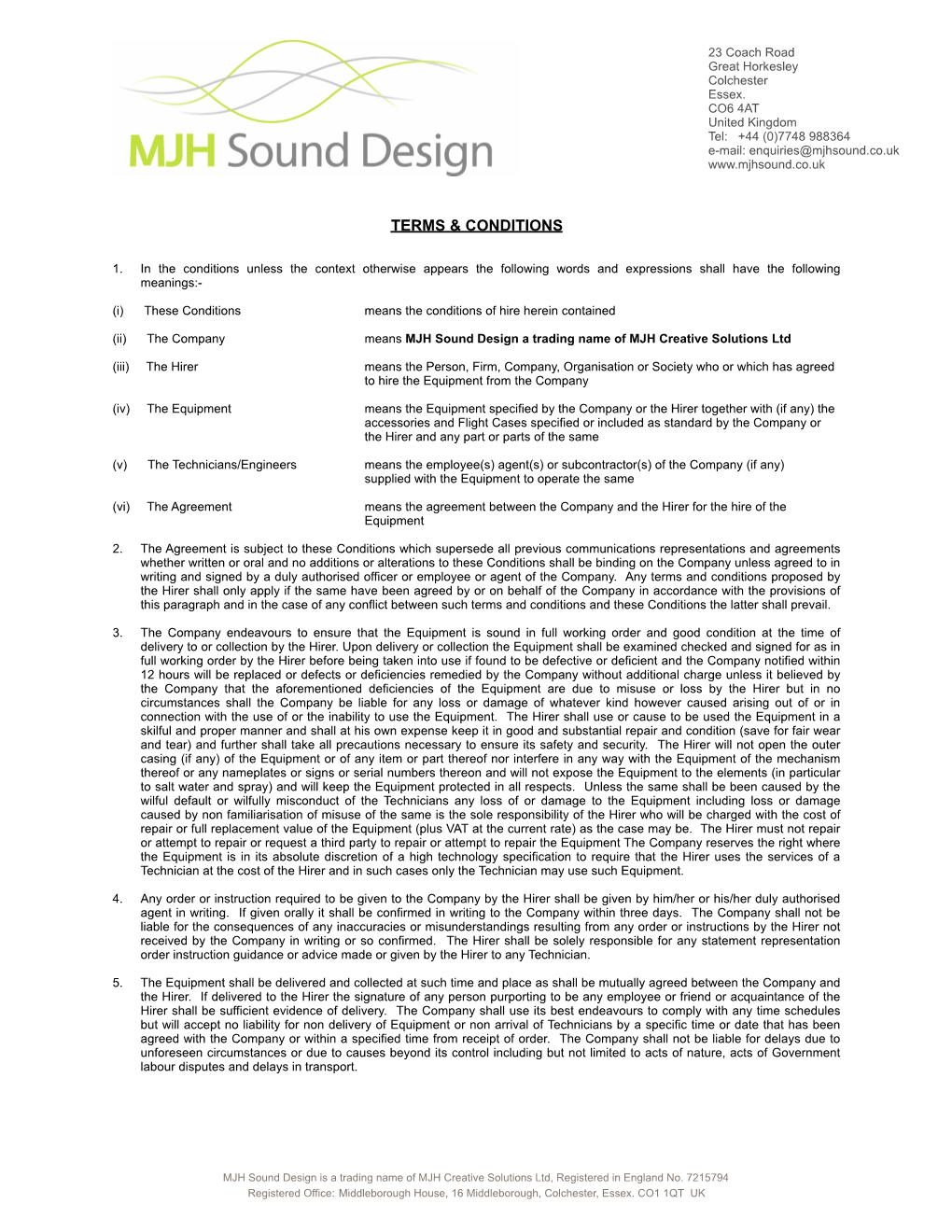 MJHSD Terms & Conditions of Hire