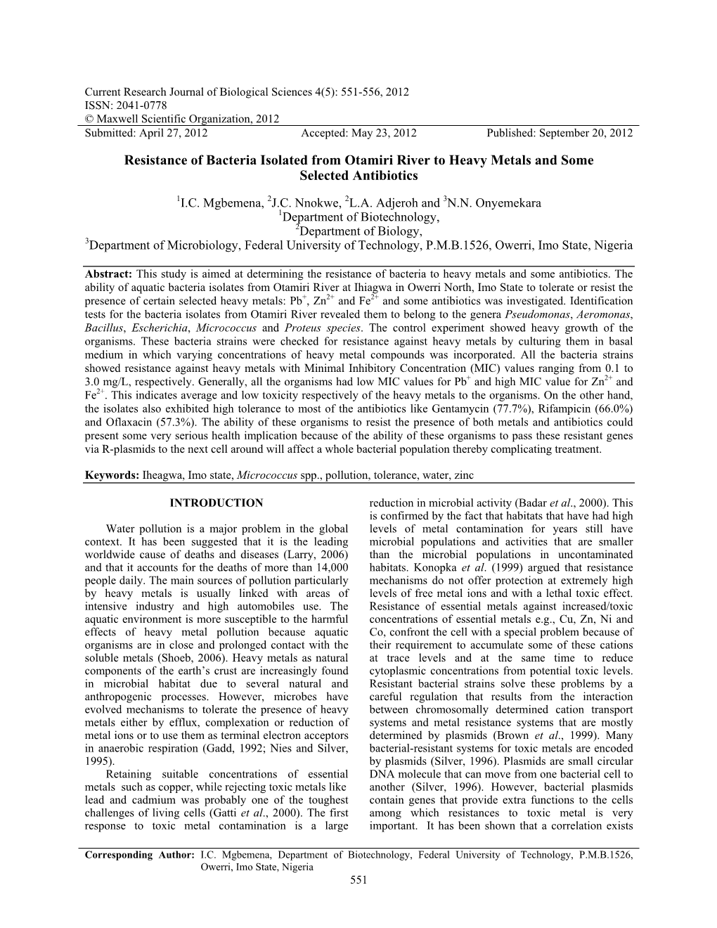 Resistance of Bacteria Isolated from Otamiri River to Heavy Metals and Some Selected Antibiotics