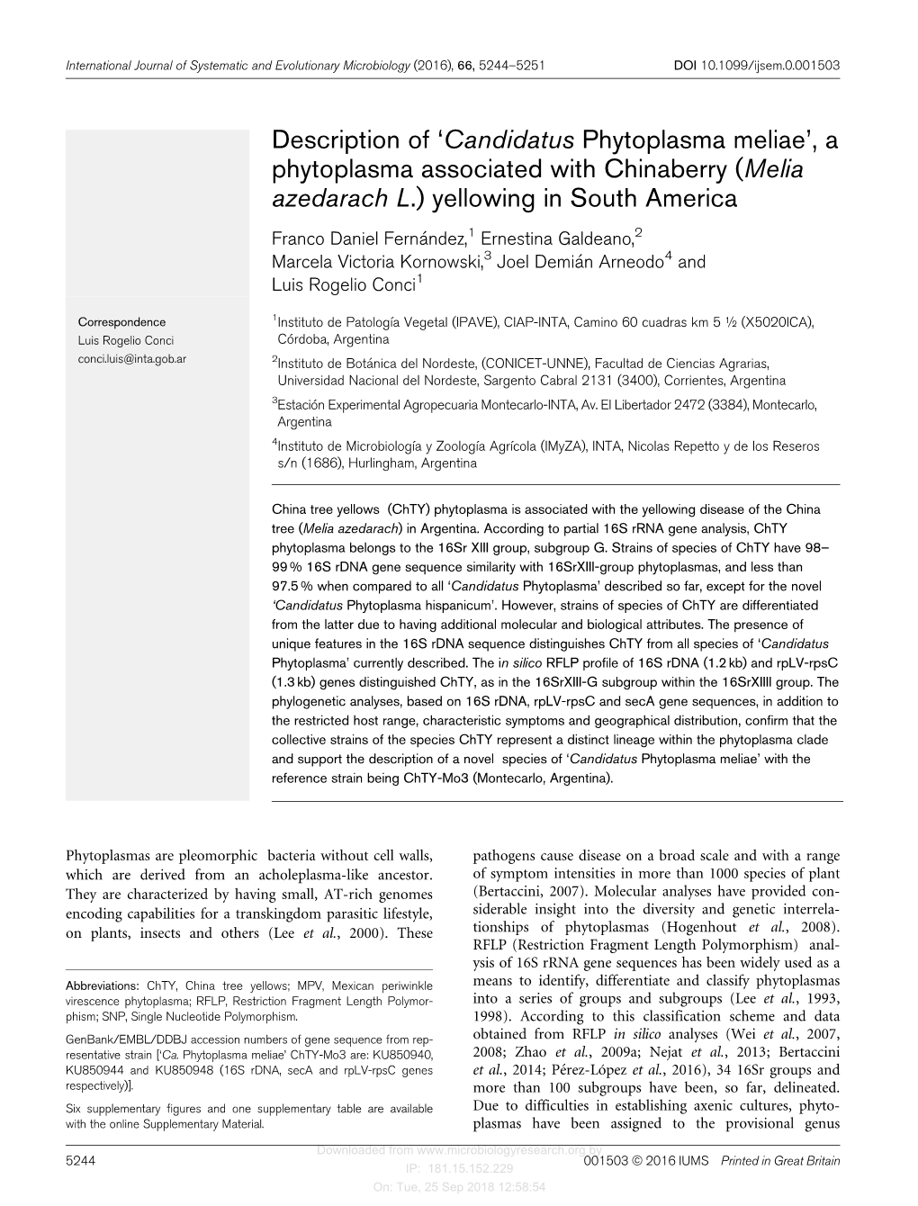 Description of 'Candidatus Phytoplasma Meliae', a Phytoplasma Associated with Chinaberry (Melia Azedarach L.) Yellowing in S