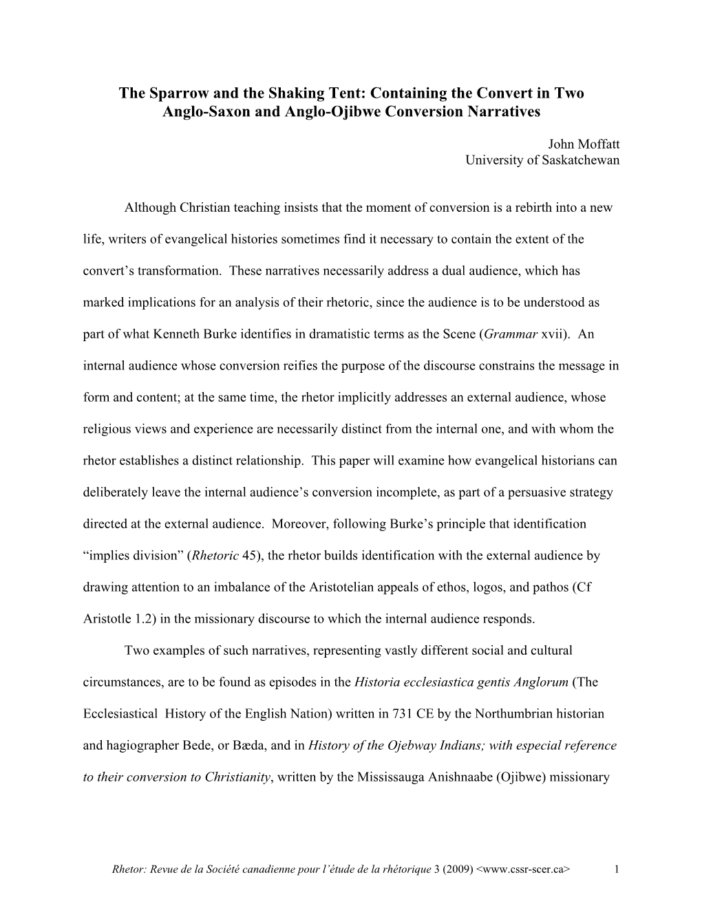 The Sparrow and the Shaking Tent: Containing the Convert in Two Anglo-Saxon and Anglo-Ojibwe Conversion Narratives